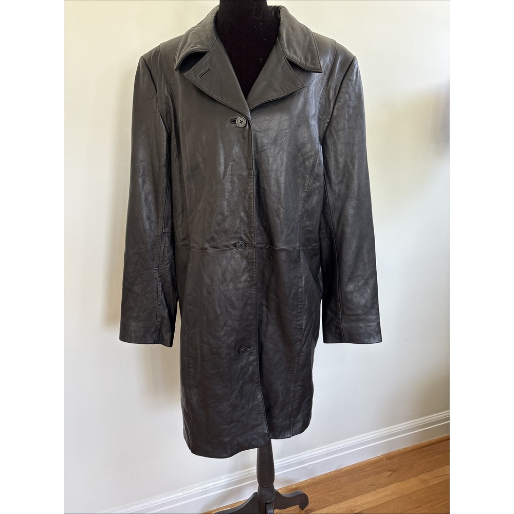 Alfani Outerwear Black Genuine Leather Trench Coat Jacket Womens Large WPL 8046